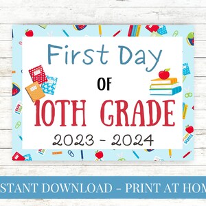 First Day of School Printable - First Day of 10th Grade - Blue Books Pencils, School Sign, First Day Sign, Instant Download, Print at Home