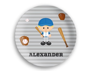 Baseball Boy Personalized Plate  – Grey Stripes Ball Glove Bat - Polymer Plate - Personalized Bowl - Kids Name Gift - Plate Bowl Set