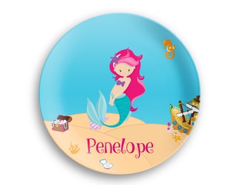 Mermaid Personalized Plate  – Sea Floor Shells Ship - Polymer Plate - Custom Bowl - Kids Name Gift - Plate Bowl Set