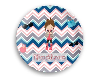 Fashion Girl Personalized Plate  – Blue Pink Grey Chevron - Polymer Plate - Personalized Bowl - BPA Free - Kids Name Gift