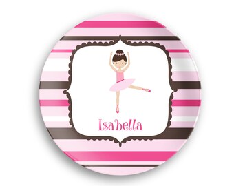 Ballerina Personalized Plate  – Pink Brown Horizontal Stripes - Dancer - Polymer Plate - Bowl - Gift Set - Kids Name Gift