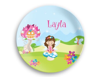 Fairy Personalized Plate  – Fairy Girl Flower House Blue Sky Green Grass, 10 inch ThermoSaf® Polymer Plate, Kids Personalized 8.5 inch Bowl