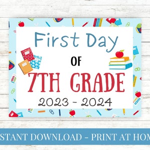 First Day of School Printable - First Day of 7th Grade - Blue Books Pencils, School Sign, First Day Sign, Instant Download, Print at Home