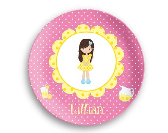 Personalized Plate  – Lemonade Stand Girl Yellow Flower Pink Polka Dot, 10 inch ThermoSaf® Polymer Plate, Kids Personalized 8.5 inch Bowl