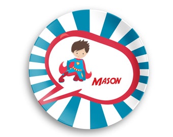 Superhero Personalized Plate  – Superhero Boy Red Cape Blue Sunray, 10 inch ThermoSaf® Polymer Plate, Kids Personalized 8.5 inch Bowl