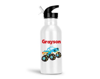 Kids Water Bottle - Monster Truck Smile Face with Name, Child Personalized Stainless Steel Bottle BPA Free Back to School
