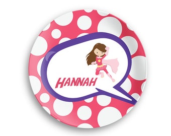 Superhero Girl Personalized Plate  – Light Pink Cape Pink Polka Dot - Polymer Plate - Personalized  Bowl - Kids Name Gift