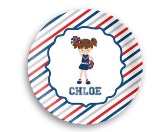 Cheerleader Personalized Plate  – Cheerleader Blue Red Diagonal Stripes, 10 inch ThermoSaf® Polymer Plate, Kids Personalized 8.5 inch Bowl