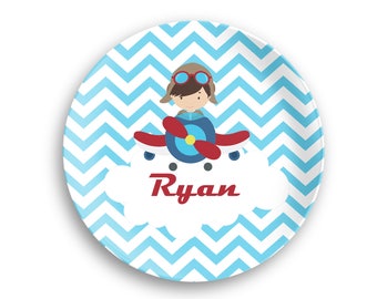 Airplane Personalized Plate  – Airplane Pilot Boy Blue Chevron Cloud, 10 inch ThermoSaf® Polymer Plate, Kids Personalized 8.5 inch Bowl