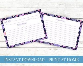 Personalized Recipe Cards - Red & Purple Watercolor Flowers 24 Cards