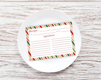 Recipe Card - Vintage Christmas Stripes Recipe Card - 4 x 6 Recipe Card - Set of 10, 25, or 50 - Watercolor Designs