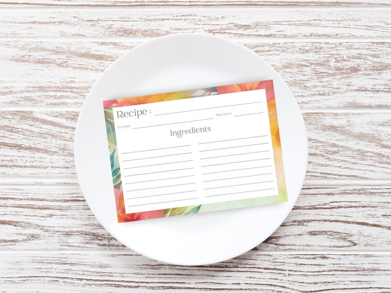 Recipe Card - Orange Pink Floral Watercolor Recipe Card - 4 X 6 Recipe ...