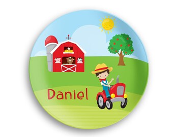 Happy Farm Boy or Girl Personalized Plate  – Barn Tractor Animals - Polymer Plate - Personalized Bowl - Plate Bowl Set - Kids Name Gift