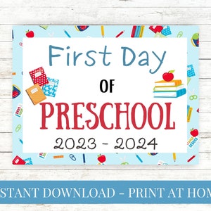 First Day of School Printable - First Day of Preschool - Blue Books Pencils, School Sign, First Day Sign, Instant Download, Print at Home