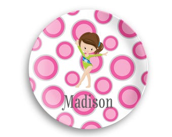 Gymnastic Plate  – Gymnastic Girl Pink Grey Polka Dots Green Suit - Personalized Plate - Kids Personalized Bowl - Plate Bowl Set