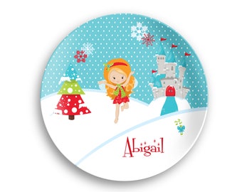 Personalized Plate  – Christmas Fairy Castle Snowflake Tree Polka Dot - Christmas Plate - Polymer Plate, Kids Personalized Bowl