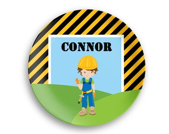 Personalized Plate  – Construction Boy Girl Black Yellow Stripes, 10 inch ThermoSaf® Polymer Plate, Kids Personalized 8.5 inch Bowl