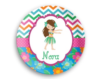 Luau Party Girl  Personalized Plate  – Chevron Dot Flower - Polymer Plate - Personalized 8.5 inch Bowl - Kids Name Gift - Plate Bowl Set
