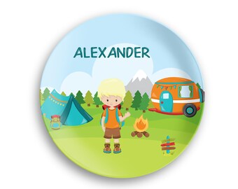 Camping Plate  – Camping Boy Girl Fire Camper Tent Backpack - Personalized Plate - Kids Personalized Bowl - Plate Bowl Set