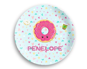 Donut Kids Plate  – Donut Sprinkles Light Blue Hearts - Personalized Plate for Kids, Bowl - Polymer Plate - Plate Bowl Set - Kids Name Plate