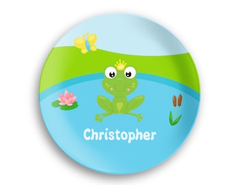 Frog Plate – Frog Lily Pad Blue Pond Butterfly, Personalized Plate for Kids, Personalized Bowl, Polymer Plate, Plate Bowl Set - Kids Name