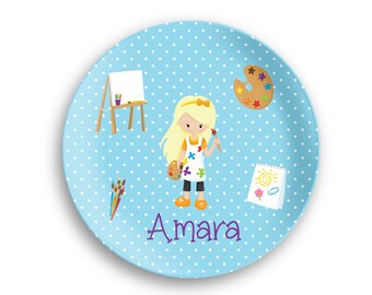 Personalized Plate  – Little Artist Boy Girl Blue Polka Dot Paint Brushes, 10 inch ThermoSaf® Polymer Plate, Kids Personalized 8.5 inch Bowl