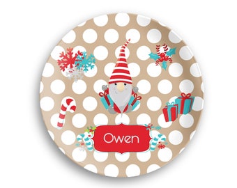 Personalized Plate  – Christmas Gnomes Gifts Candy Cane Beige Polka Dots - Christmas Plate - Polymer Plate - Kids Personalized Bowl