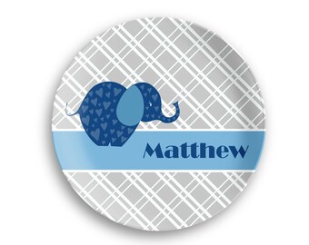Elephant Personalized Plate  – Grey Diagonal Stripes - Polymer Plate - Plastic Bowl - Kids Name Gift