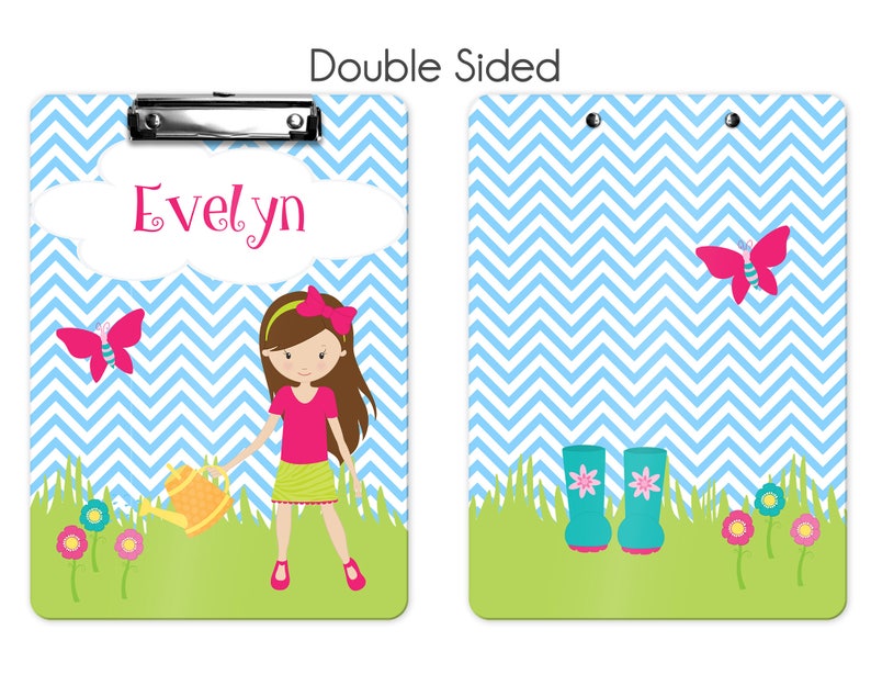 Gardening Clipboard Custom Clipboard Back to School Kids Clipboard Personalized Clipboard Gardening Girl Grass Blue Chevron Butterfly