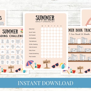 Kids Summer Checklist Activities Bundle Printable, Coral Beach Banner, Bucket List, Daily Checklist, Reading Tacker, Instant Download