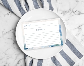 Recipe Card - Blue Hydrangea Watercolor Recipe Card - 4 x 6 Recipe Card - Set of 10, 25, or 50 - Watercolor Designs