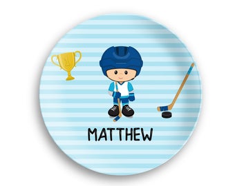 Personalized Plate  – Hockey Player Boy Blue Stripes Stick Puck, 10 inch ThermoSaf® Polymer Plate, Kids Personalized 8.5 inch Bowl