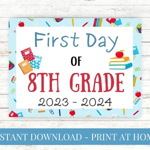 First Day of School Printable - First Day of 8th Grade - Blue Books Pencils, School Sign, First Day Sign, Instant Download, Print at Home