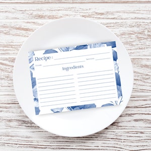 Recipe Card - Blue Flowers Floral Watercolor Recipe Card - 4 x 6 Recipe Card - Set of 10, 25, or 50 - Watercolor Designs