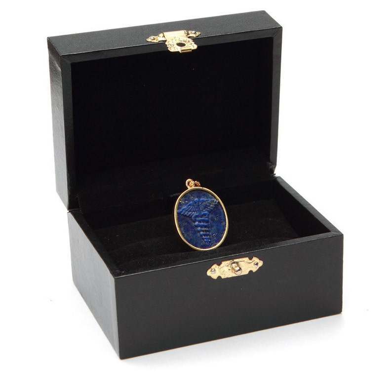 Lapis Medical Pendant Hand Carved Caduceus Genuine Gemstone Gold Plated Sterling Silver 925