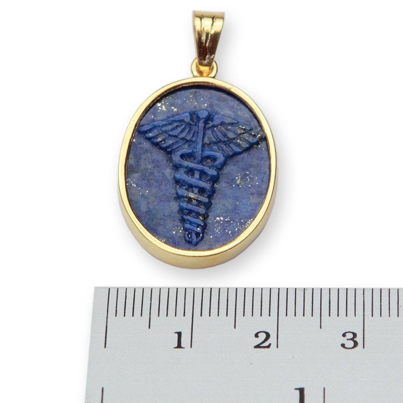Lapis Medical Pendant Hand Carved Caduceus Genuine Gemstone Gold Plated Sterling Silver 925