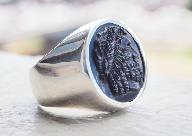 Greek God Ring Zeus Hand Carved Black Onyx Gemstone Sterling Etsy
