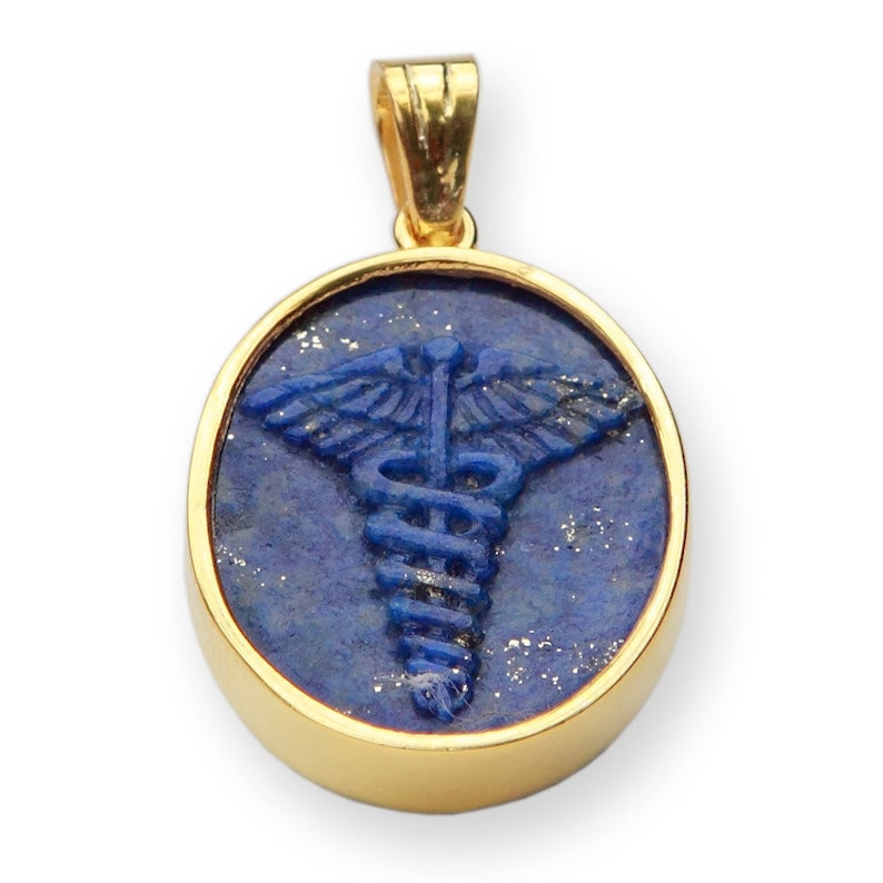 Lapis Medical Pendant Hand Carved Caduceus Genuine Gemstone Gold Plated Sterling Silver 925