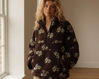 Sudadera Sherpa Floral - Jersey cálido de invierno con bolsillo delantero