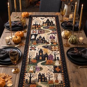 May include: A rectangular quilted table runner featuring a repeating pattern of haunted houses, ghosts, black cats, and orange pumpkins along a winding path. The border is black with small orange stars, and the fabric displays a dark autumn colour palette.
