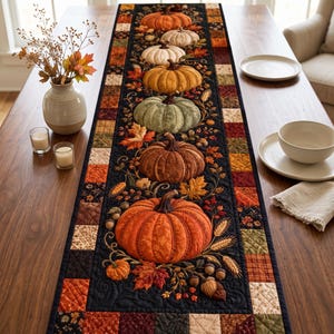 Puede incluir: Un camino de mesa acolchado rectangular con un panel central negro decorado con una fila vertical de seis calabazas de tela en tonos naranja, verde y marrón, rodeadas de hojas de otoño, espigas de trigo y bellotas bordadas.
