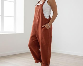 Boho Cotton Linen Jumpsuit, Wide Leg, Adjustable Buckles (S-5XL)