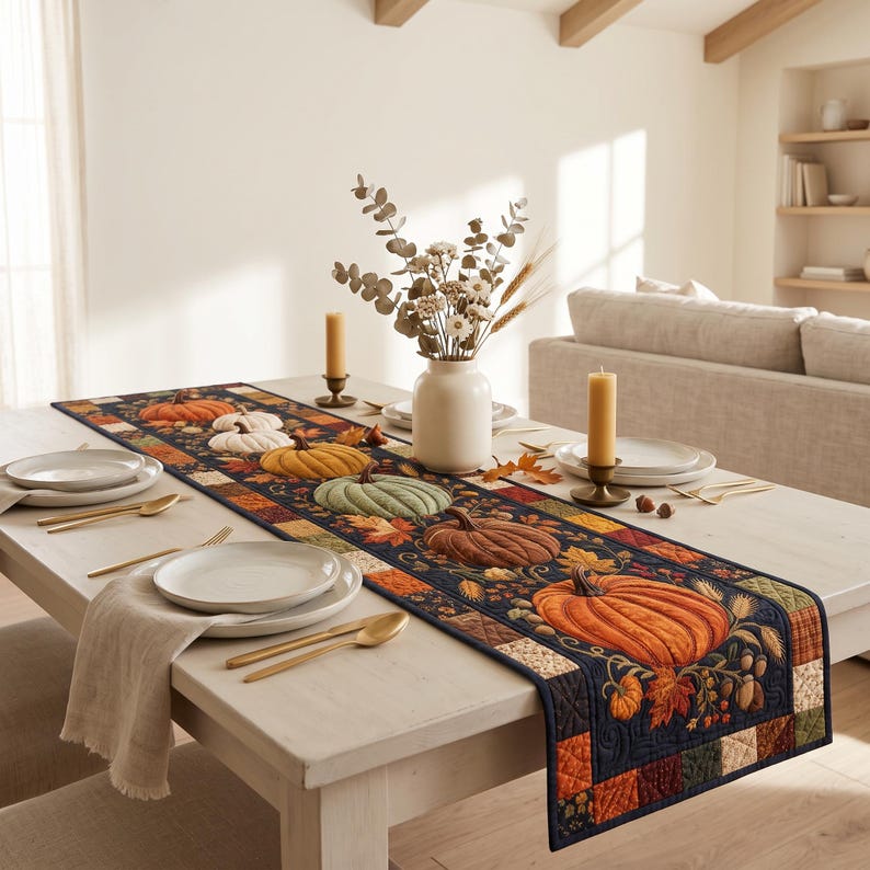 Quilted Pumpkin Table Runner, Autumn Harvest Foliage, Farmhouse Dining ...