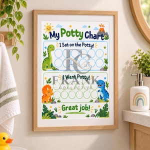 May include: A framed potty training chart with a dinosaur theme, featuring the text My Potty Chart, I Sat on the Potty, I Went Potty, and Great job. The chart includes illustrations of a green dinosaur, an orange triceratops, and a blue t-rex.