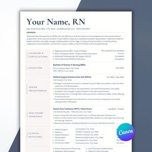 May include: A professional resume template for a registered nurse featuring a clean layout with sections for licensure, education, senior preceptorship, healthcare experience, and clinical rotations, with the text Canva in a blue and purple circle.