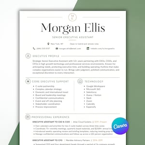 Könnte beinhalten: Eine professionelle Lebenslaufvorlage für eine Senior Executive Assistant namens Morgan Ellis. Das Dokument bietet ein klares Layout mit Abschnitten für das Executive-Profil, Unterstützung, technologische Fähigkeiten und Berufserfahrung.