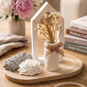 Peut inclure: Un cadre en bois blanc en forme de maison, un petit vase cylindrique blanc avec un nœud en jute contenant des fleurs et du blé séchés, une fleur sculptée blanche et une pierre grise disposés sur un plateau ovale en bois.