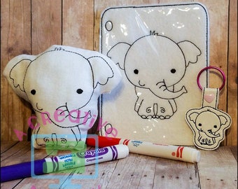 Doodle Its Elephant Set Plush Coloring Page Keyfob Embroidery Design-Instant Download