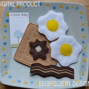 Puede incluir: Diseño de bordado para un proyecto de desayuno. El diseño incluye un waffle, dos huevos fritos y una tira de tocino. El diseño está en un plato blanco con lunares azules y amarillos.