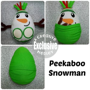 May include: A white snowman plush toy with brown twig arms and a green felt hat. The snowman is wearing a green felt scarf and has a brown felt nose and black embroidered eyes. The snowman is shown in two positions, one with the scarf covering its face and the other with the scarf pulled back to reveal the snowman's face. The text "Peekaboo Snowman" is written below the image.